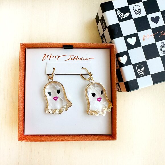 NIB Betsey Johnson Gold Tone & Clear Acrylic Ghost Drop Earrings x2 NEW - Picture 1 of 6